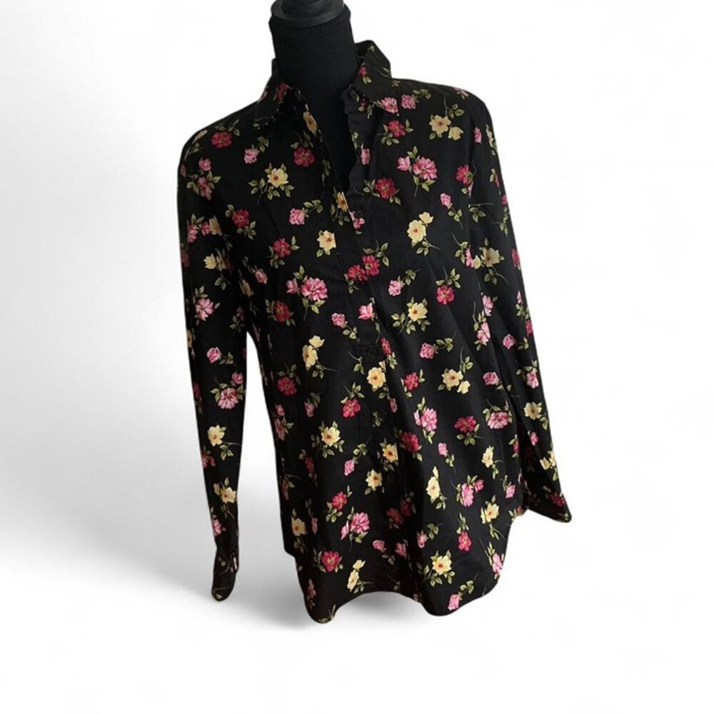 Jones New York Floral Button Down Black‎ Cotton Blouse Size Medium Romantic